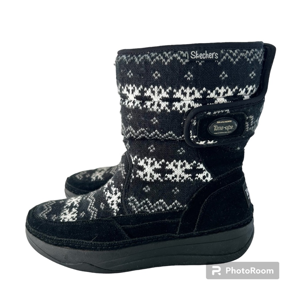 SKECHERS Black Sweater Knit Suede Mid Calf Tone-Ups Winter Boots 9